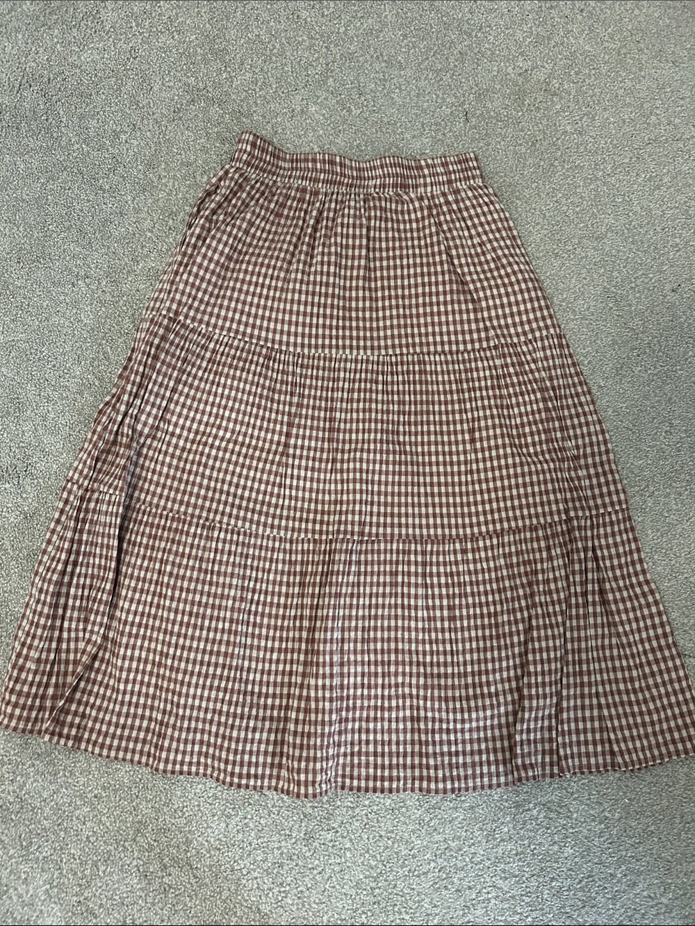 Tiered Gingham Midi Skirt in dark red